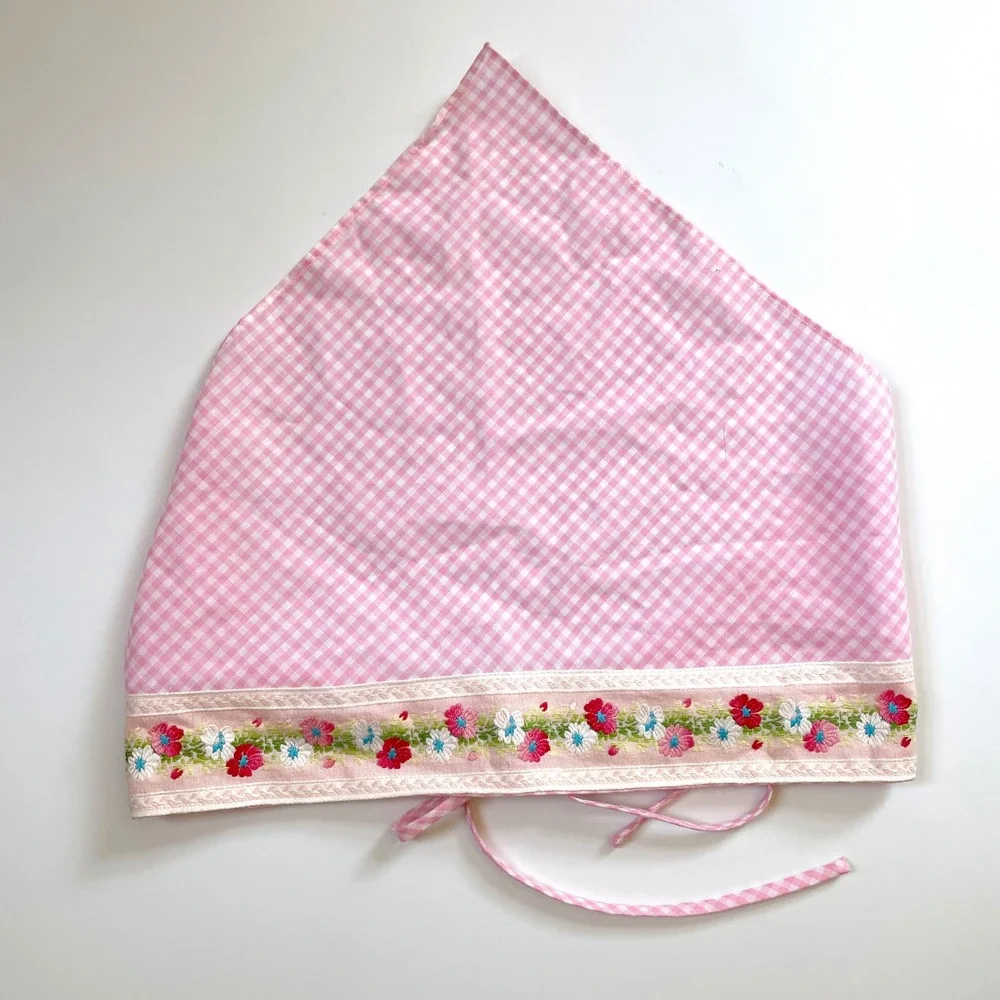 Vintage Pink Gingham Floral Embroidered Tie Back Head Scarf Bandana Folk Cottage